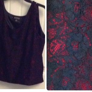 E725 Kasper garnet top w/ black lace EUC 16 P